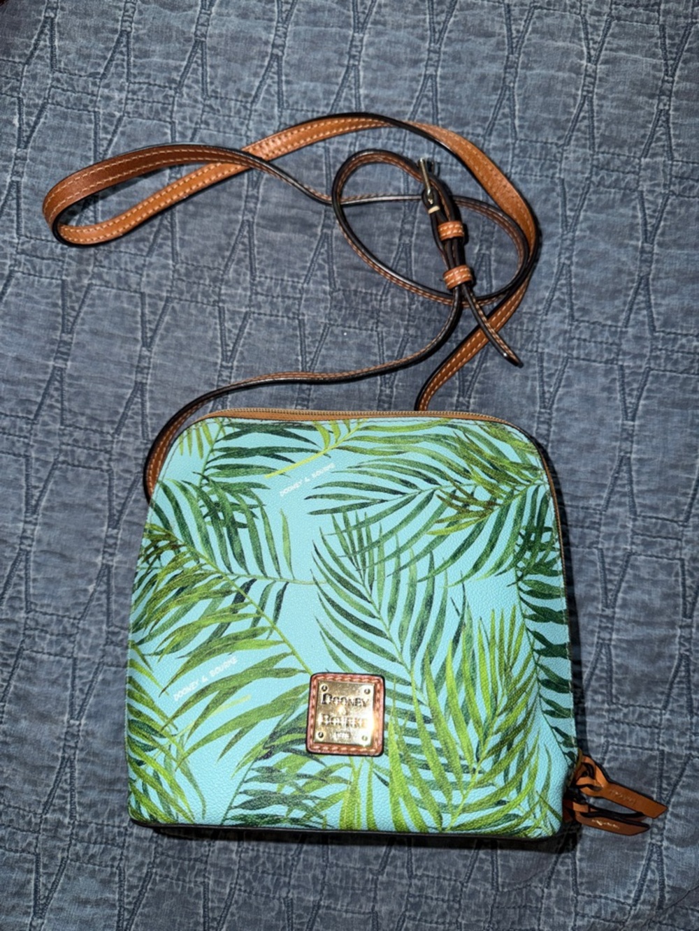 Dooney & Bourke Aqua Palm Print Crossbody with Brown Trim